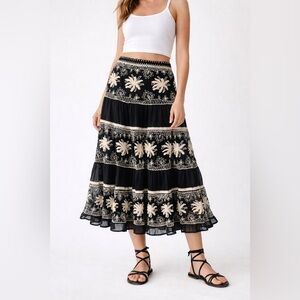 Anthropologie Vintage Odille Embroidered Tiered Maxi Skirt Size 8